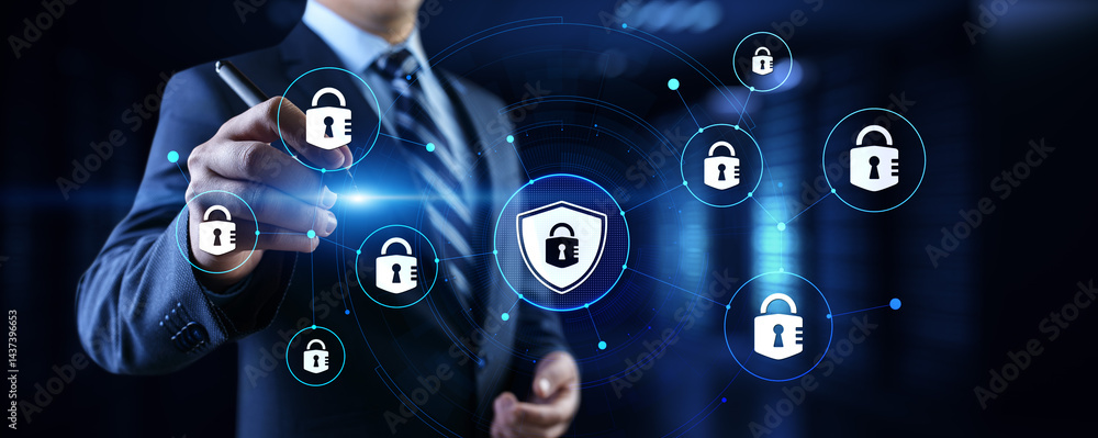 Poster cyber security access control data protection personal information privacy concept. businessman pres