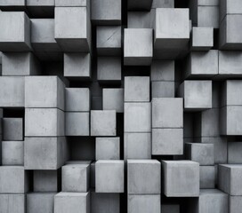 A large group of weathered concrete blocks stacked haphazardly, showcasing various textures and shades of gray, set against a rustic outdoor backdrop.