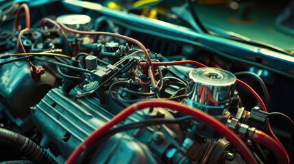 Intricate engine showcasing chrome and vibrant hoses