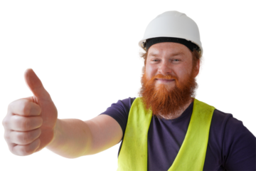 A smiling construction worker wearing a white hard hat and a bright yellow safety vest gives a thumbs-up gesture. His long, red beard contrasts with his dark shirt.