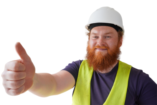 A smiling construction worker wearing a white hard hat and a bright yellow safety vest gives a thumbs-up gesture. His long, red beard contrasts with his dark shirt.