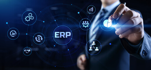 ERP Enterprise Resources planning software system business technology concept.
