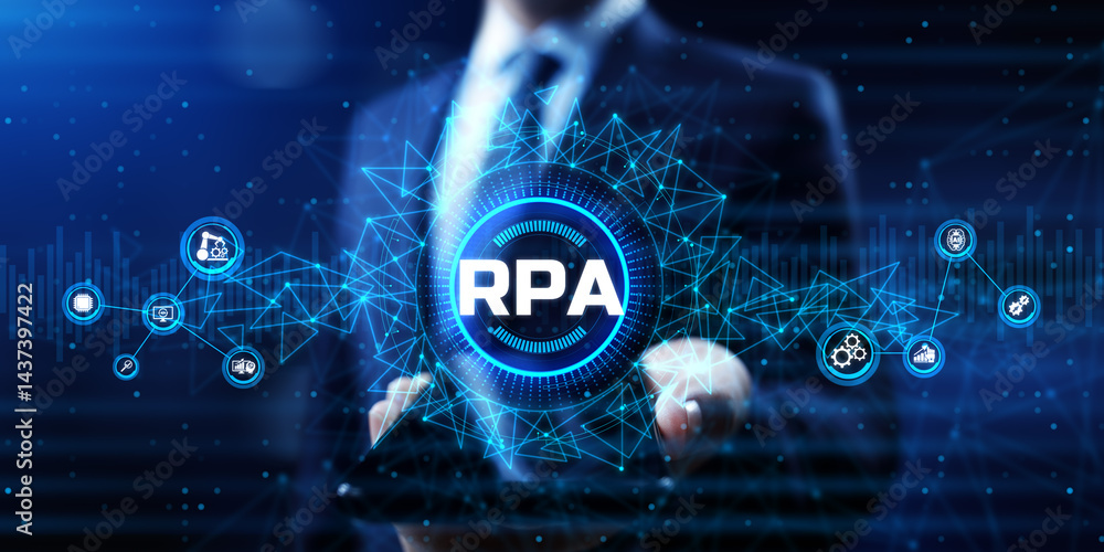 Poster rpa robotic process automation business process optimisation innovation technology concept.