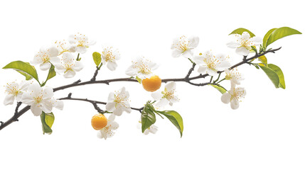 Obraz premium Delicate White Blossoms and Yellow Fruit on Branch, PNG
