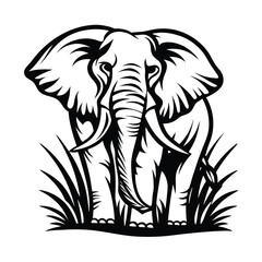 African Elephant Illustration, Black Silhouette, Tusked Mammal, Wildlife Animal Design
