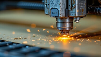 Macro close up of a metal laser cutter slicing through a sheet, symbolizing industrial manufacturing, high tech precision