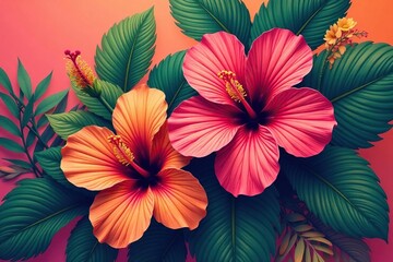 Bold, graphic hibiscus blooms, tropical leaves, vibrant color blocking, textile, flowers, leaves