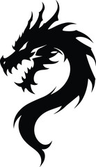 Dragon tattoo design, vector illustration, Dragon logo, black and white illustration of a stylized dragon, transparency background.