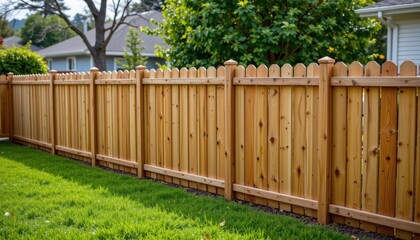 Wooden backyard fence with a manicured green lawn, capturing suburban tranquility, outdoor living, and cozy private garden spaces.