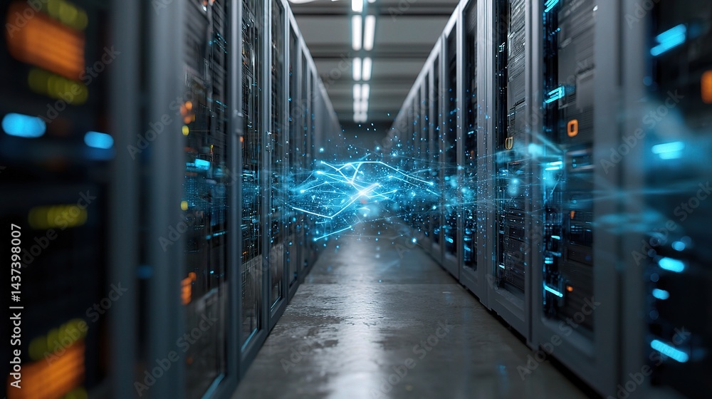 Poster high-tech server racks with digital connectivity in data center
