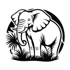 Striking Monochrome Elephant Head, Intricate Tusk Detail, Bold Outlines, Wildlife Icon