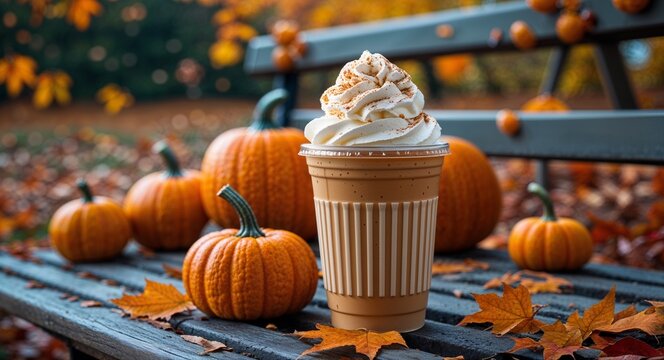 Pumpkin spice latte in a to go cup with whipped cream on autumn bench background