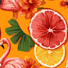 Tropical Flamingo Pattern Vibrant pink flamingos, juicy citrus fruit slices, and lush tropical flowers create a lively, summery design perfect for textiles, wallpaper, and more.