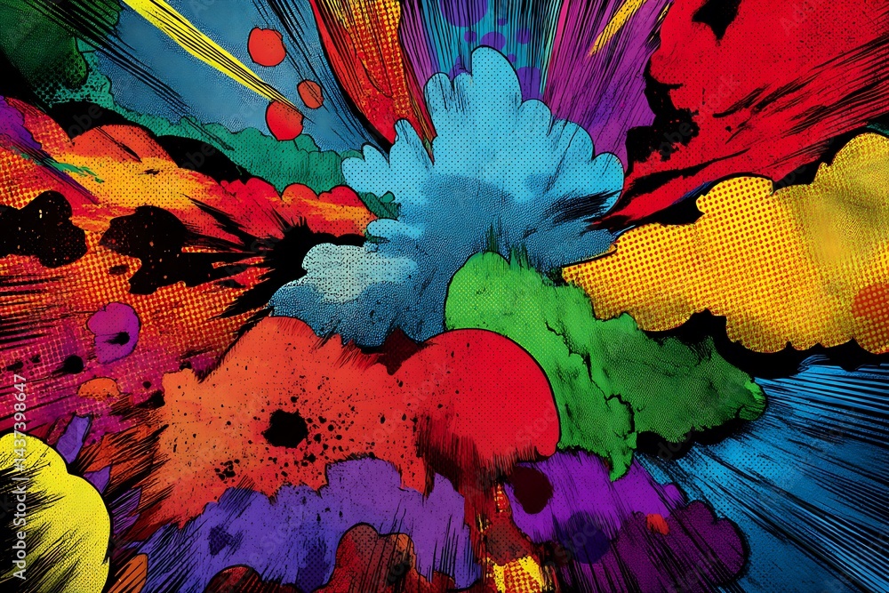 Poster colorful abstract explosion of vibrant shapes and patterns with dynamic movement