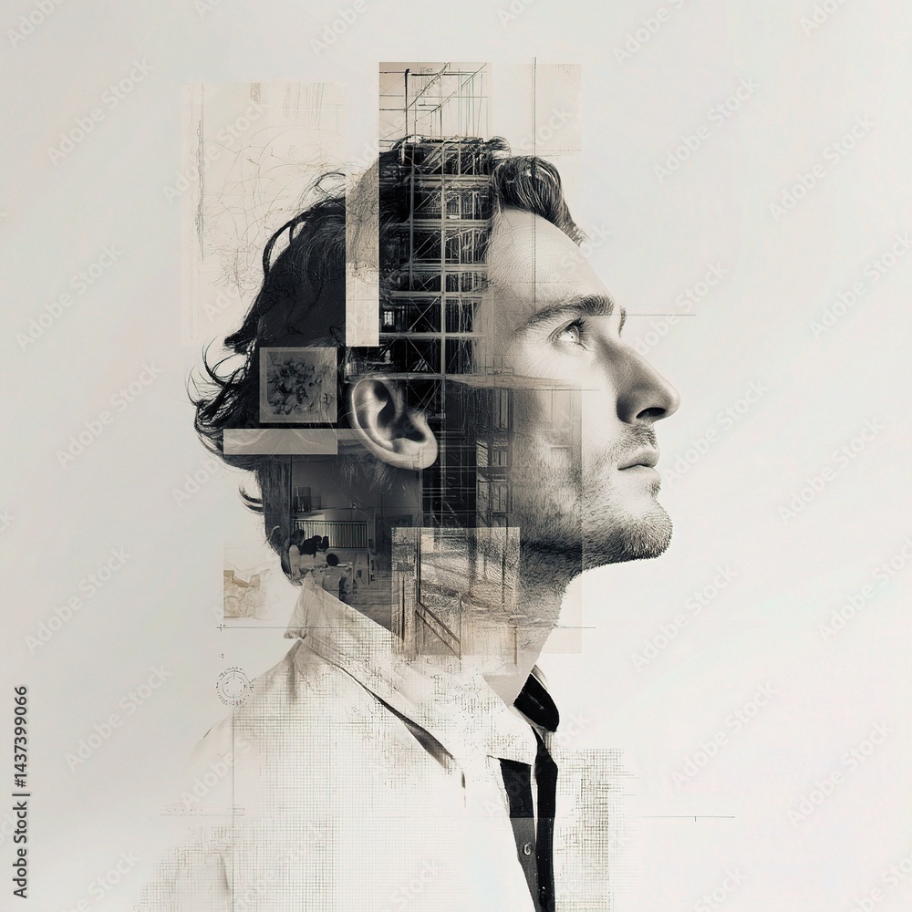 Poster thoughtful man with architectural design overlay in artistic style