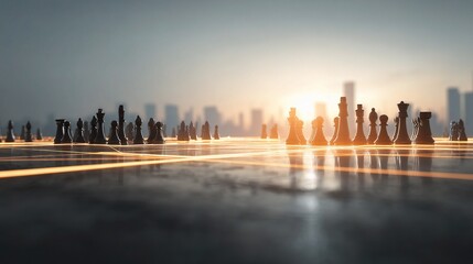 Obraz premium Team Strategy in Chess with Glowing Lines Against City Skyline