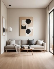 A cozy living room featuring warm wood floors, bright white walls, and stylish decor, including a plush sofa, colorful cushions, and a coffee table.