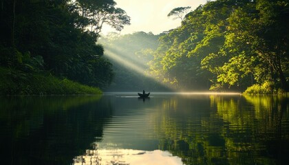 Serene lake in a lush forest at dawn