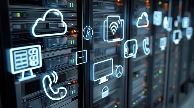 Modern Digital Communication Icons on Server Background
