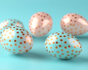 Pastel eggs with gold polka dots on a light blue background