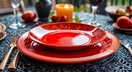 Shiny glazed ceramic plate with bright red tones on patio table background