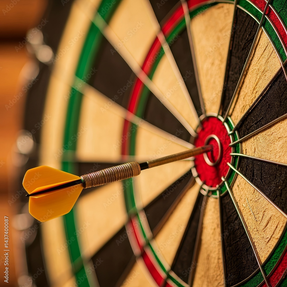 Poster dart embedded in a dartboard, showcasing precision and focus.