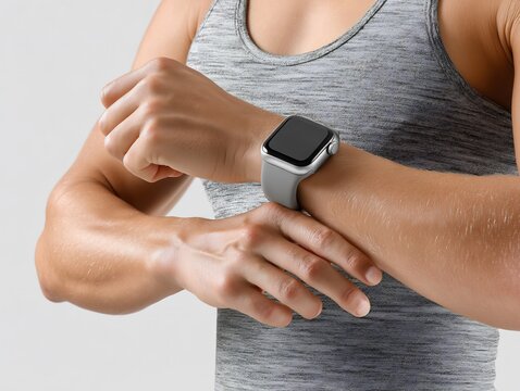 Checking fitness progress on a smartwatch during workout session indoors