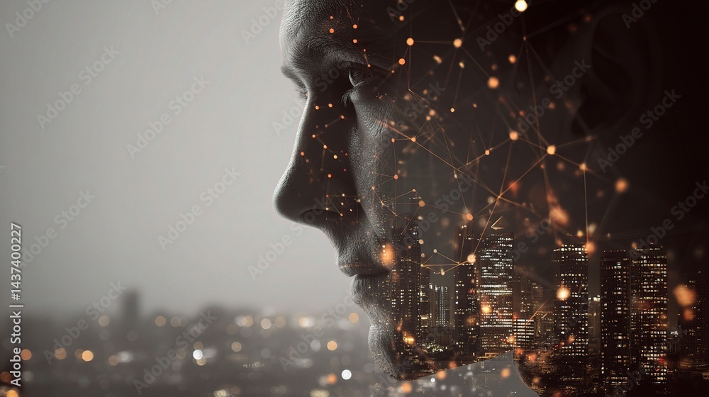 Poster mixed media portrait of a man's face with data points visualization