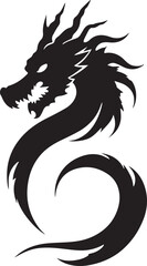 Dragon tattoo design, vector illustration, Dragon logo, black and white illustration of a stylized dragon, transparency background.