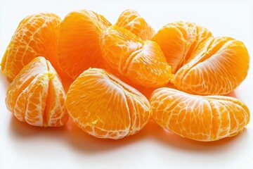 A freshly peeled orange segments neatly arranged, isolated on a white background
