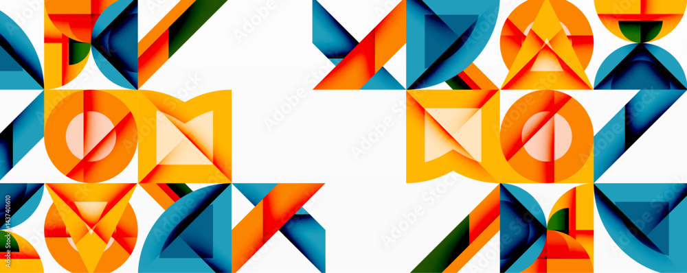 Poster abstract geometric pattern. shapes overlap, creating vibrant colorful design. clean lines, modern ae