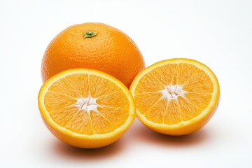A whole orange alongside a halved one, isolated on a white background