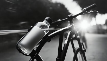 Fototapeta premium Blank thermos bottle in a bicycle with blurred black-white background. Bottle mockup