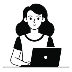 Line Art Young Woman at Laptop, Smiling, Working, Isolated on White, Minimalist Style