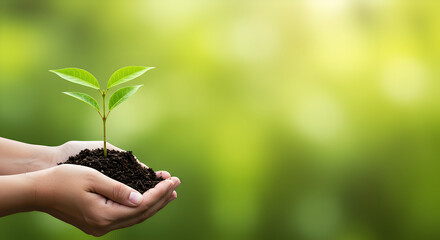 A hand gently holding a young green sprout, symbolizing new life and growth in nature's care