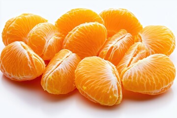 A freshly peeled orange segments neatly arranged, isolated on a white background
