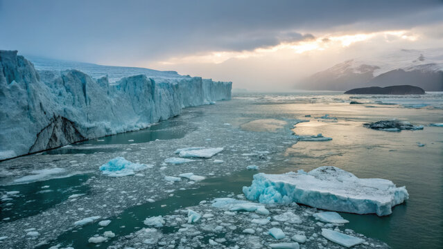 Melting glacier and icebergs under dramatic sky at sunset. Glacier melting into ocean with dramatic cloudy sky. Floating icebergs and melting glacier landscape in cold sunset