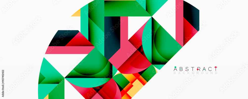 Poster Geometric shapes overlap, creating vibrant colorful design. Modern abstract composition with gradients, layers.