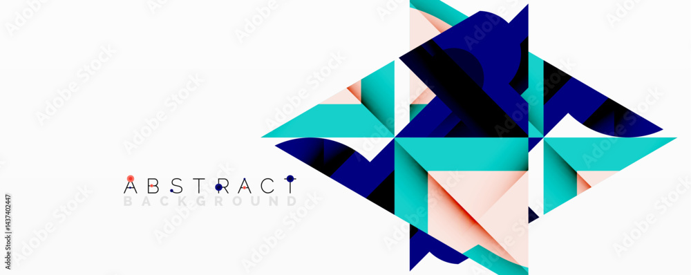 Poster geometric shapes overlap creating modern abstract design. blue, teal, pink hues dominate composition