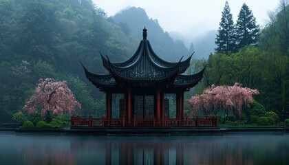 Obraz premium Misty Asian Pagoda Reflects in Pond
