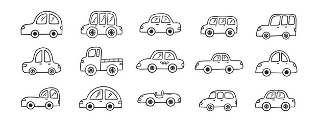 Car doodle hand drawn line icon set. Car drawing outline clipart
