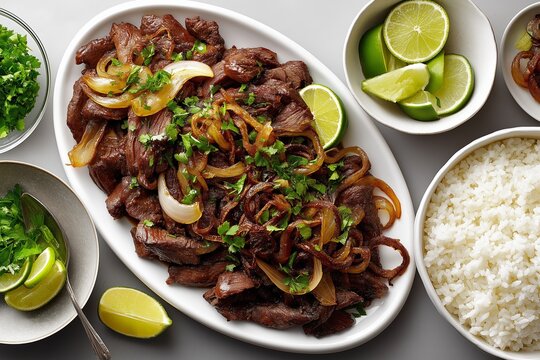 Crispy fried beef on white plate, garnished with sliced onions, cilantro, lime slices, served with fluffy white rice. Concept of crispy fried beef, Vaca Frita, vibrant flavors.
