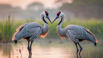 Naklejka premium Crane Pair Engaging in a Duet at Sunset Background 