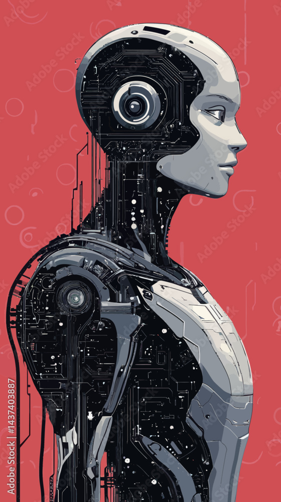Poster futuristic humanoid ai robot with complex circuitry in minimalist vector art