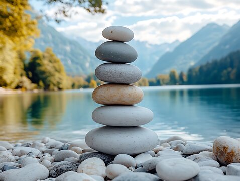 Balanced stones by tranquil lake, mountains backdrop - Powered by Adobe