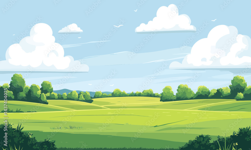 Poster whimsical minimalist vector of serene green field with trees and fluffy clouds