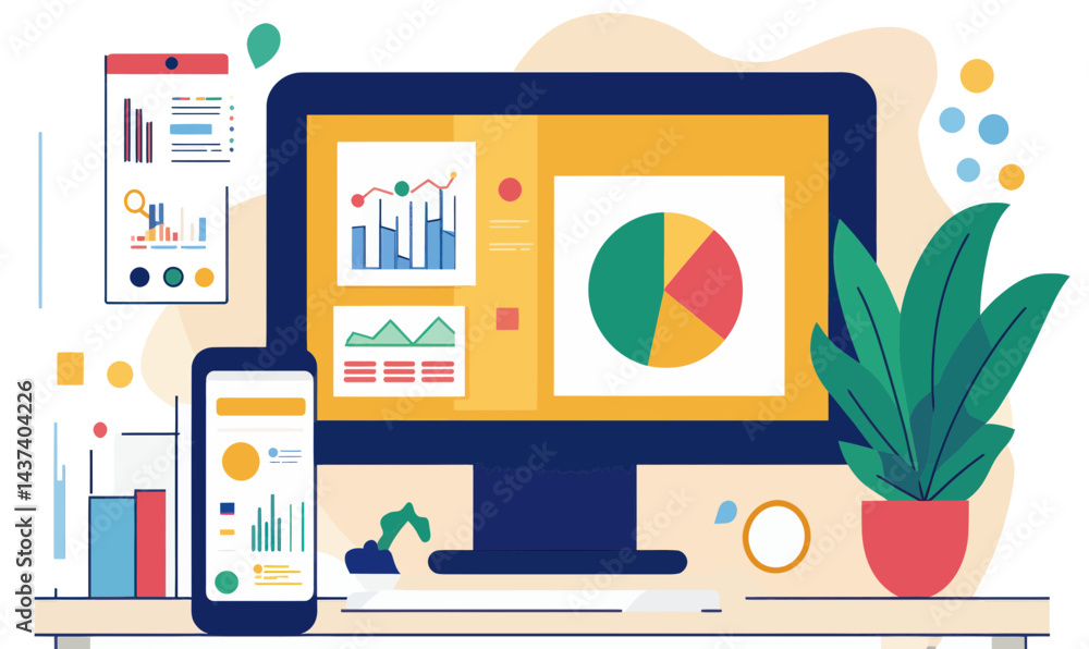 Poster modern minimalist workspace with customizable app data charts and plant decor for business analytics