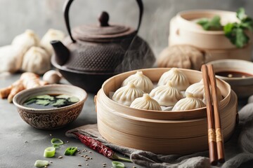 Wooden steamer basket filled with soup-filled dumplings, wooden chopsticks, gray cloth, small bowl of miso soup. Concept of warm atmosphere highlighting soup-filled dumplings, Xiao Long Bao.