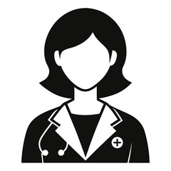Female Doctor Icon, Black and White Silhouette, Medical Coat, Stethoscope, Professional