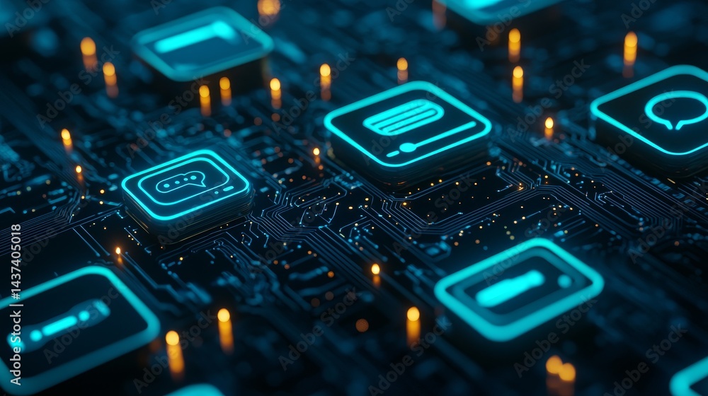 Poster abstract digital circuit with glowing icons and communication symbols.